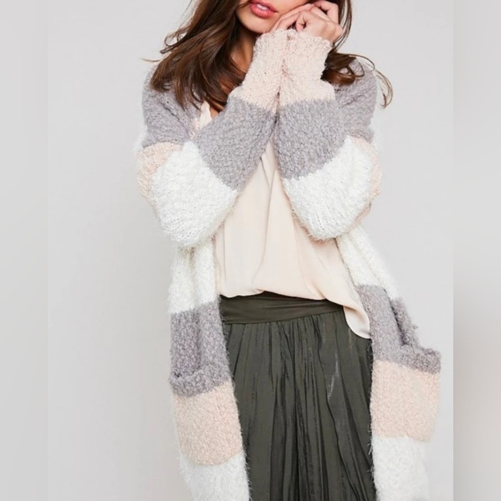 Vanilla Bay Popcorn Yarn Colorblock Long Striped Cozy Cardigan W/ Pockets Size L